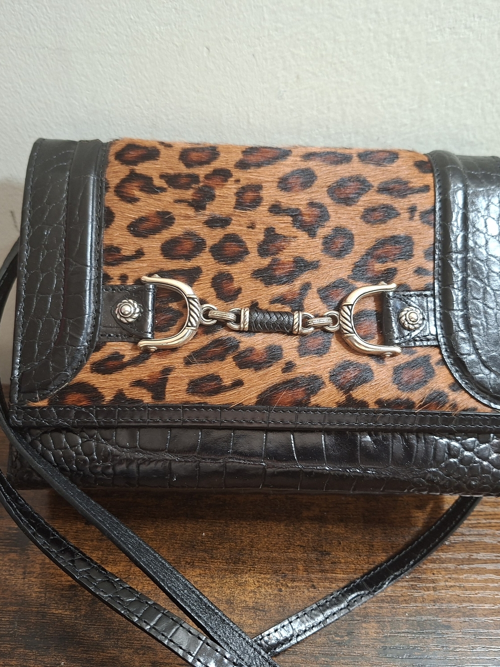 Vintage Brighton Animal Print Black Leather Tote Crossbody Purse Leopard